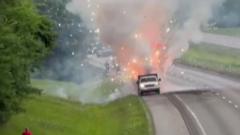 Truck carrying fireworks catches fire, sparks spectacular display