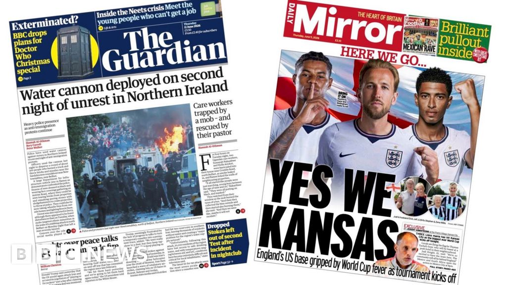 Newspaper headlines: 'Second night of unrest in Belfast' and 'Yes we Kansas'