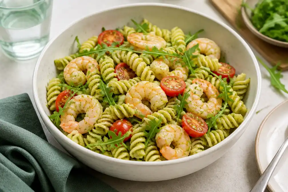 Recept voor zomerse pastasalade met pesto en garnalen in 15 min