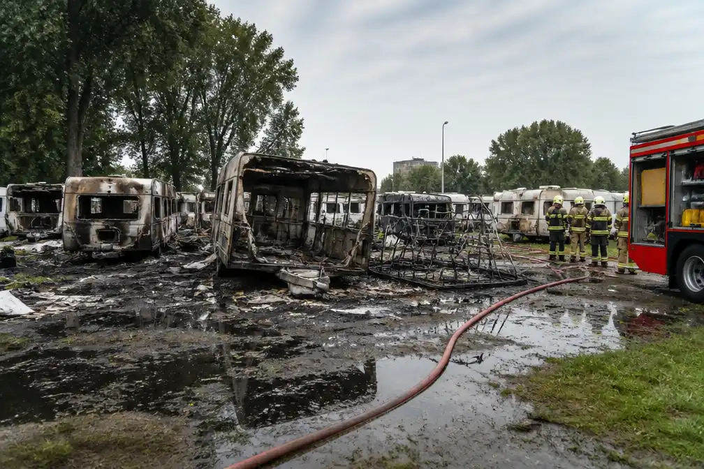 Brand verwoest zeven caravans op stadsnomadenterrein 't Landje in Amsterdam