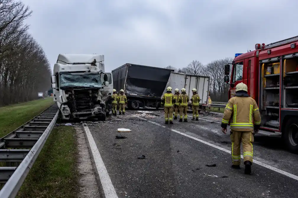 Meerdere vrachtwagens botsen op N36, weg volledig afgesloten