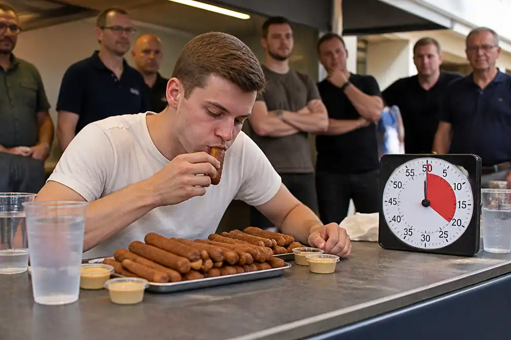 Dylan Vandewalle eet 19,5 frikandellen in 45 minuten en wint in Rumbeke
