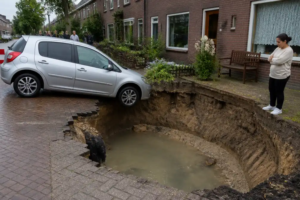Sinkhole in Amersfoort bijna auto verzwelgt na leidingbreuk