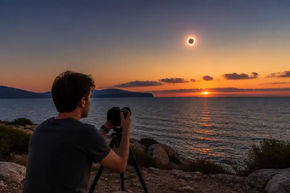 Fotograaf Max Broenink vliegt voor één dag naar Mallorca om eclips bij zonsondergang vast te leggen