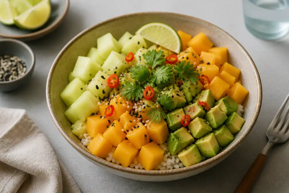 Recept voor fruitige pokébowl met meloen, mango en avocado