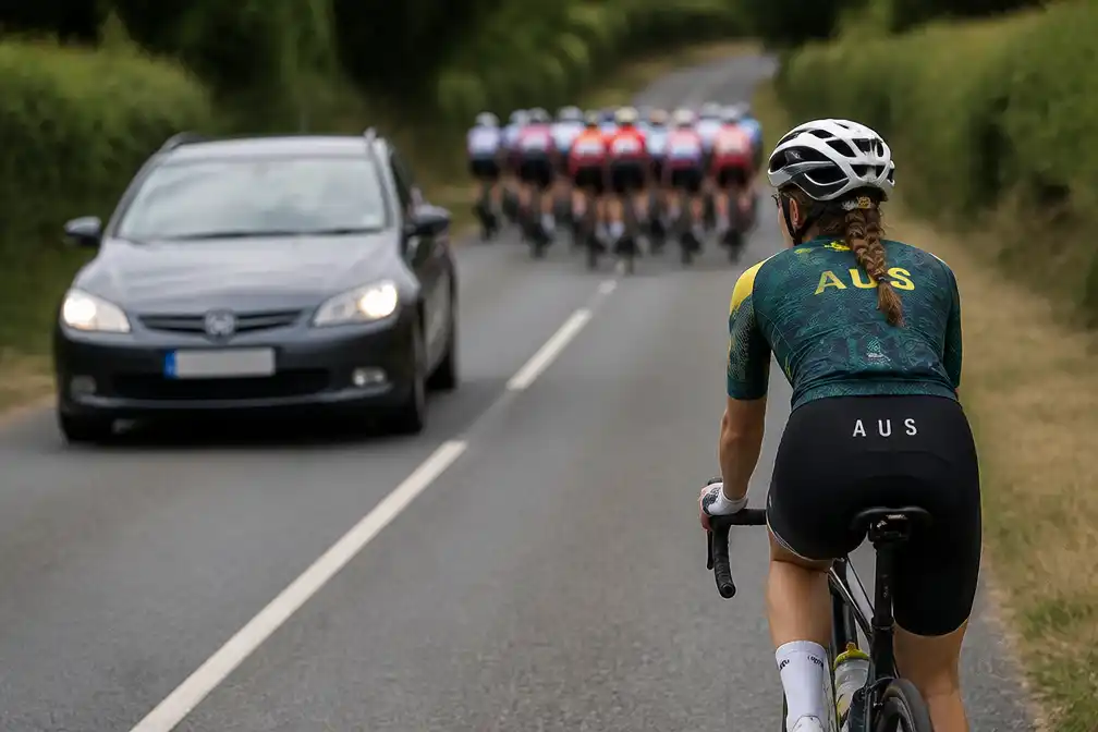 Australische renster Maeve Plouffe: auto scheelde haar op eerste etappe Tour of Britain Women
