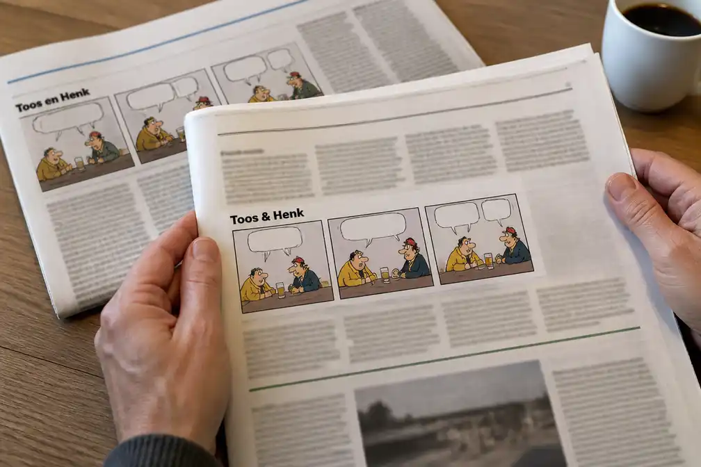 Cartoon 'Toos en Henk' van Paul Kusters op 22 augustus 2026 in Nederlandse kranten