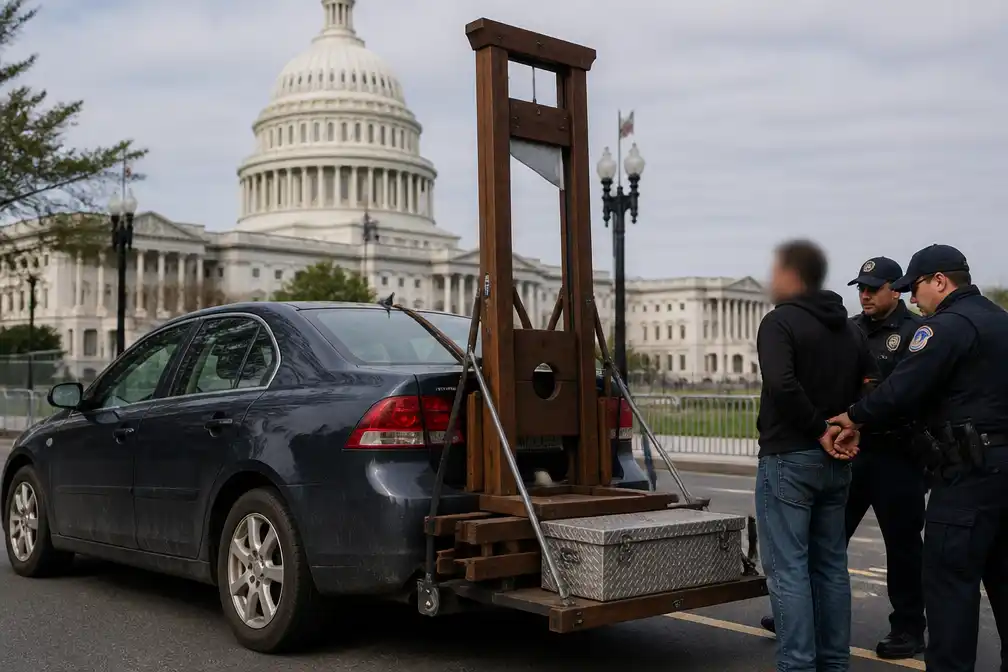 Capitoolpolitie arresteert man met levensgrote guillotine aan wagen