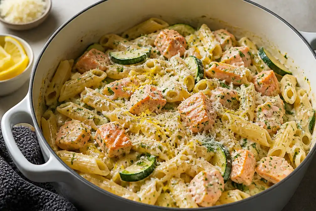 Romige eenpanspasta met zalm en courgette in Wat Eten We Vandaag