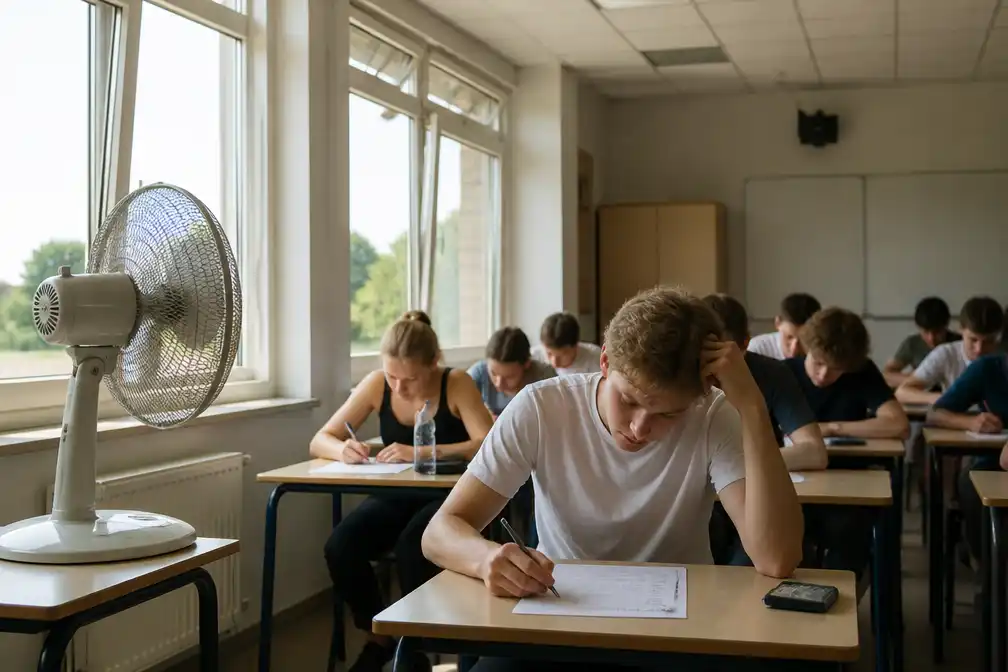 Helft scholen ouder dan 40 jaar, temperaturen lopen op tot 30 graden tijdens toetsweek