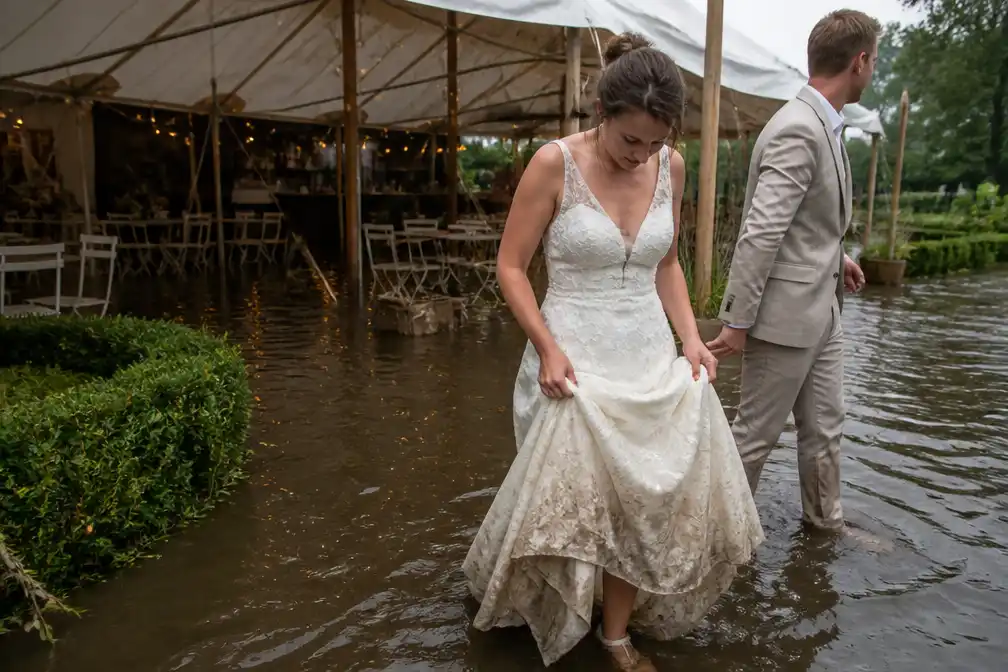 Noodweer verwoest bruiloft bij Watermolen Bels: jurk nat, tent onder water