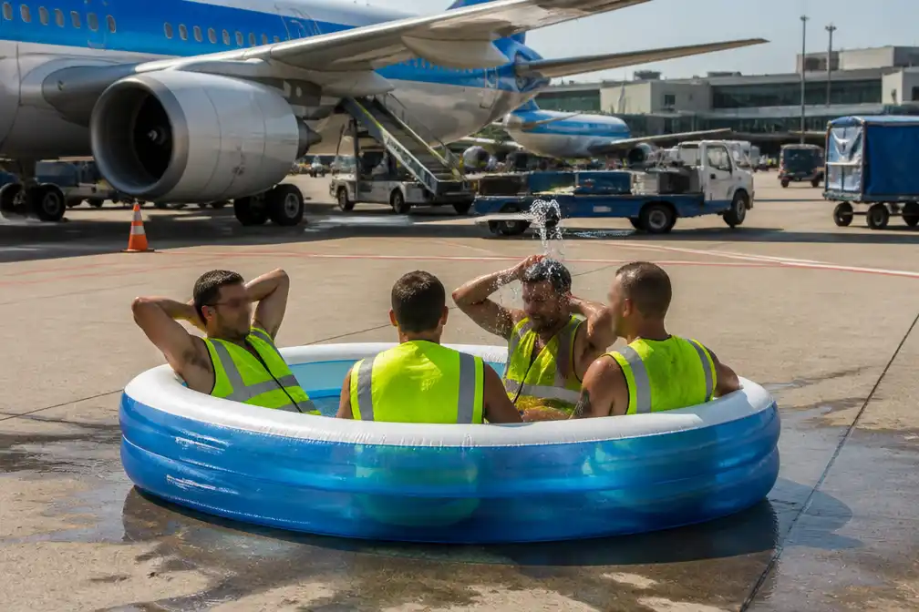Grondpersoneel Schiphol zoekt verkoeling in opblaasbadje, video gaat viraal