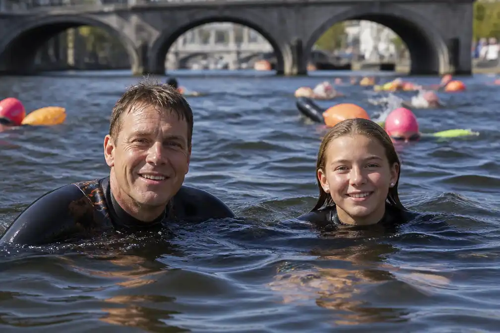 Prins Floris en dochter Magali zwemmen Rapenburg Race voor dwarslaesieonderzoek