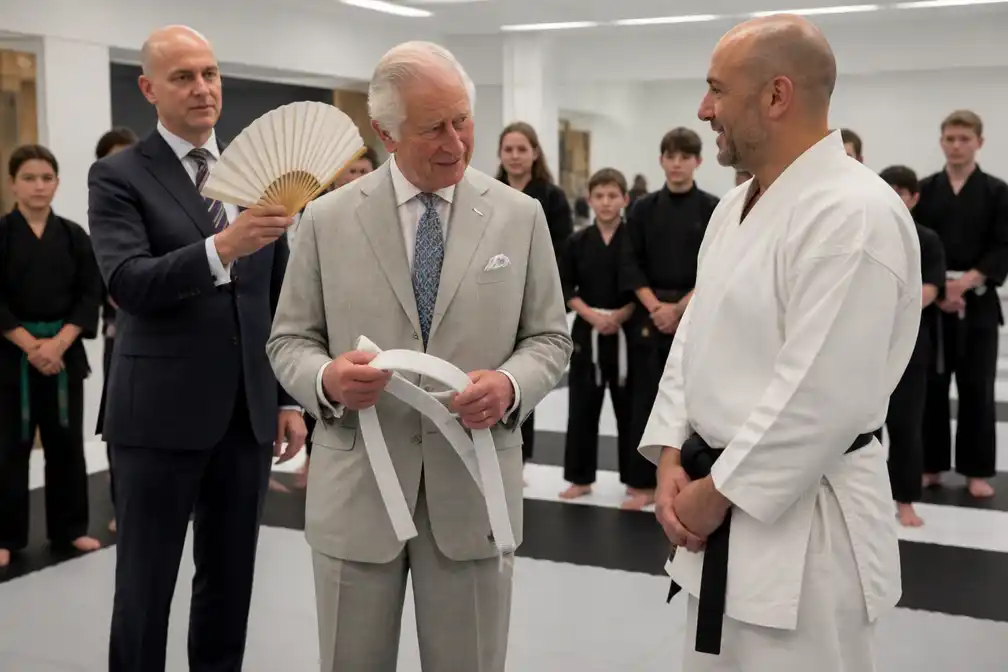Koning Charles krijgt witte band tijdens bezoek aan vechtsportschool in Londen