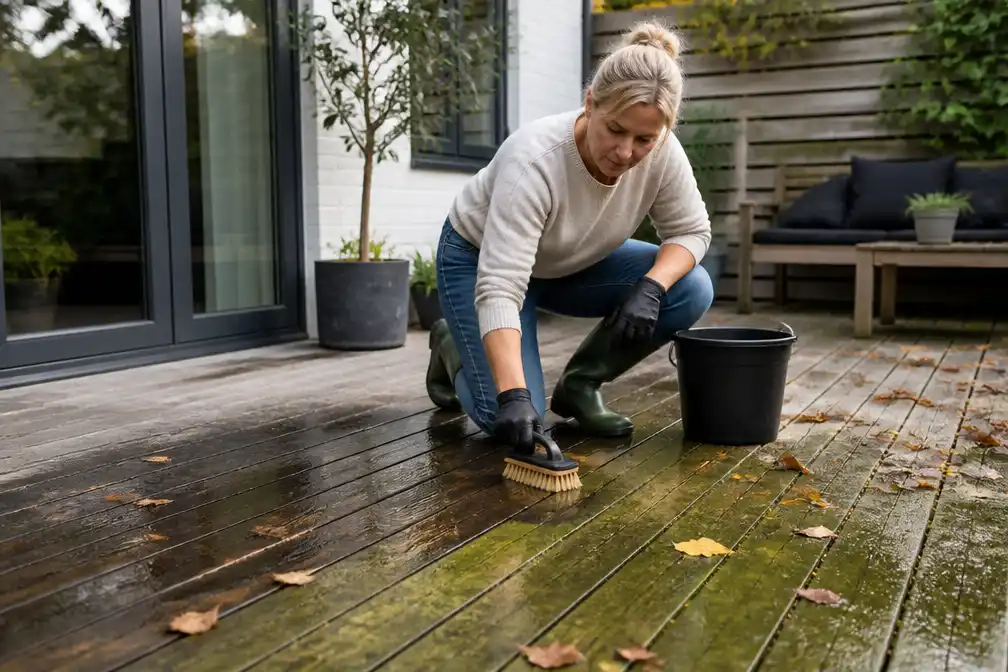Maak houten vlonder schoon voor de herfst en voorkom gladde planken