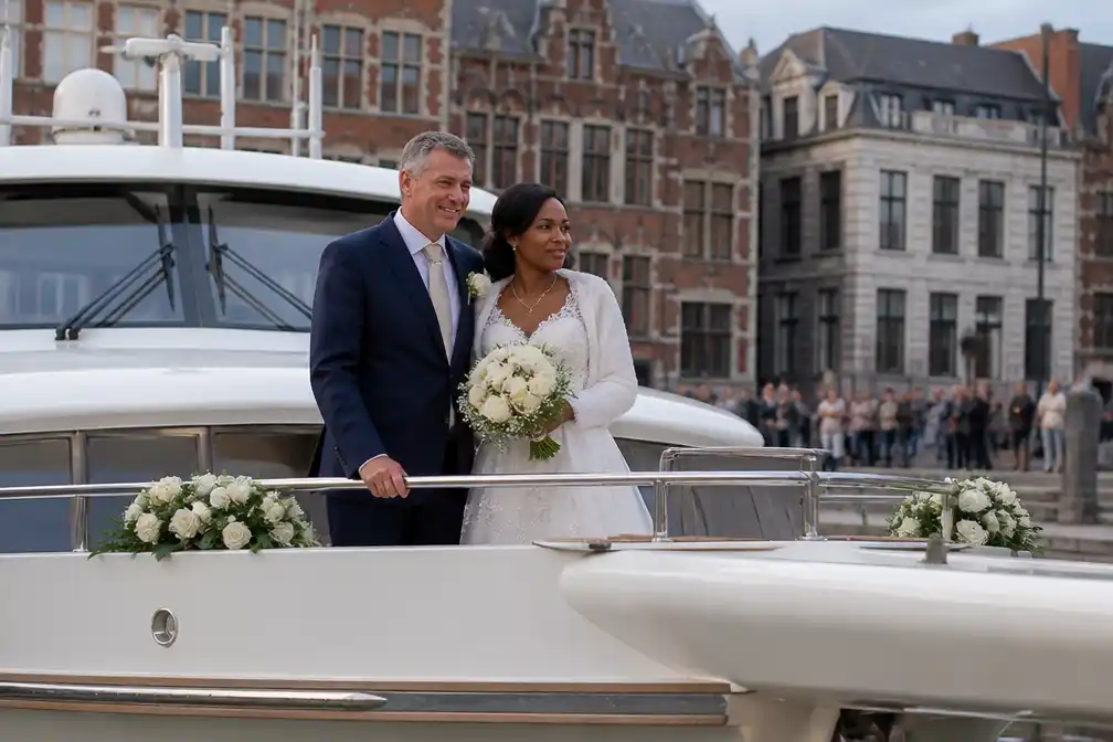 Koppel uit Sint-Niklaas komt per boot van 22 meter naar eigen huwelijk op Grote Markt