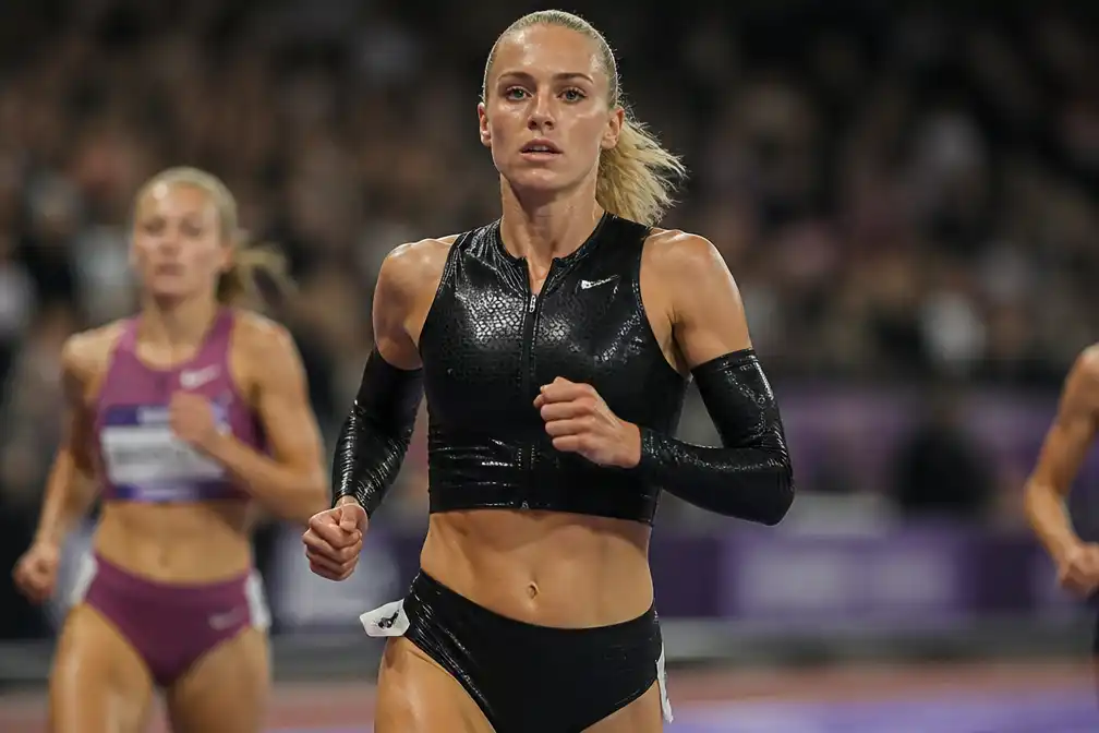 Keely Hodgkinson wint 800 meter bij Athlos in Londen in outfit naar voorbeeld van Cathy Freeman