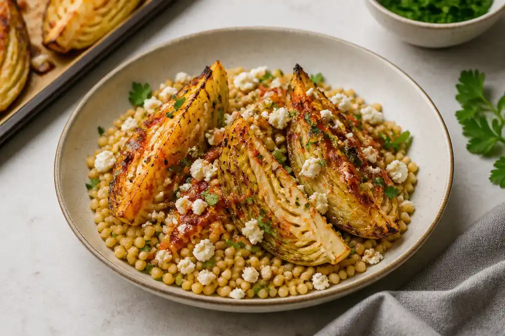 Parelcouscous met geroosterde harissa-spitskool: binnen een kwartier in de oven