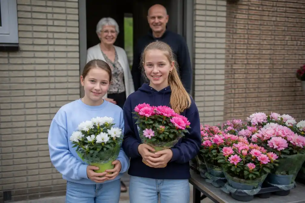 Zussen Bente (10) en Linde (13) verkopen azalea's in Koningshooikt voor grootouders met kanker