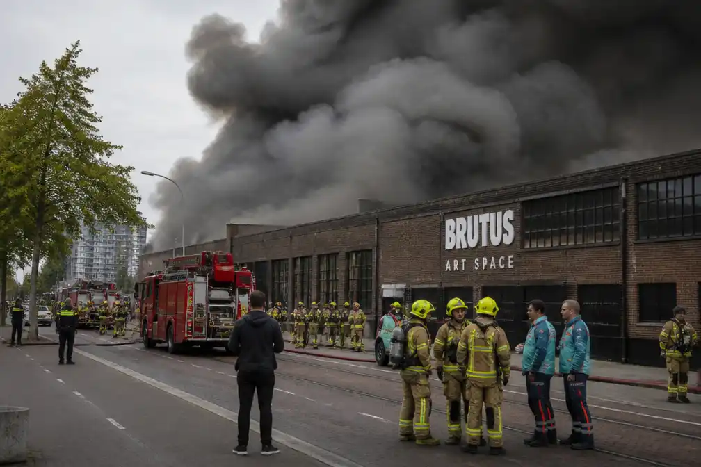 Grote brand bij Brutus Art Space in Rotterdam, hulpdiensten evacueren bezoekers