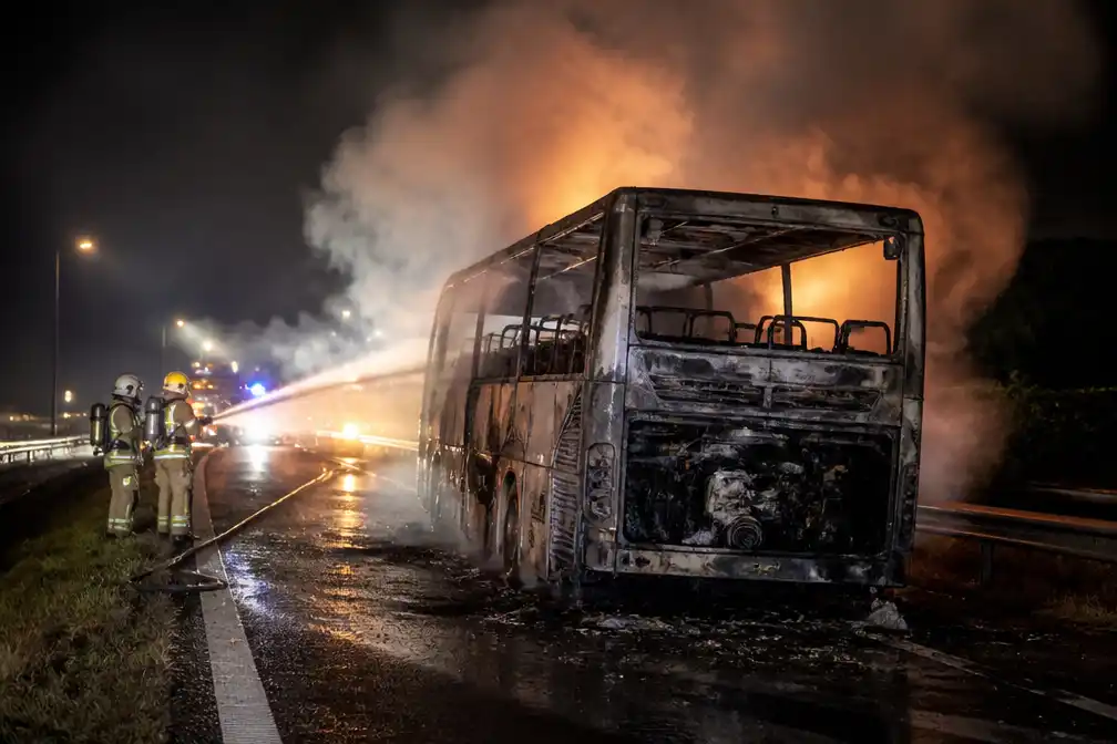 Bus met zestig muzikanten uit Rijkevorsel in brand op A67 bij Venlo, iedereen ongedeerd