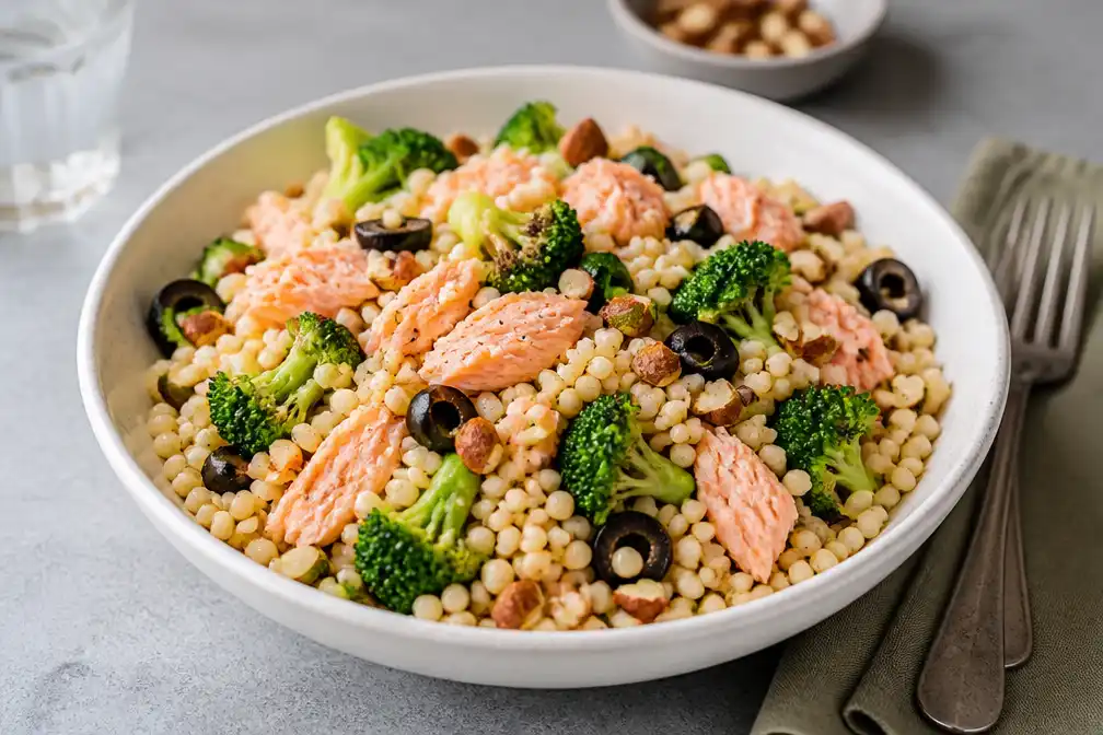 Recept voor parelcouscous met zalm en broccoli in 20 minuten