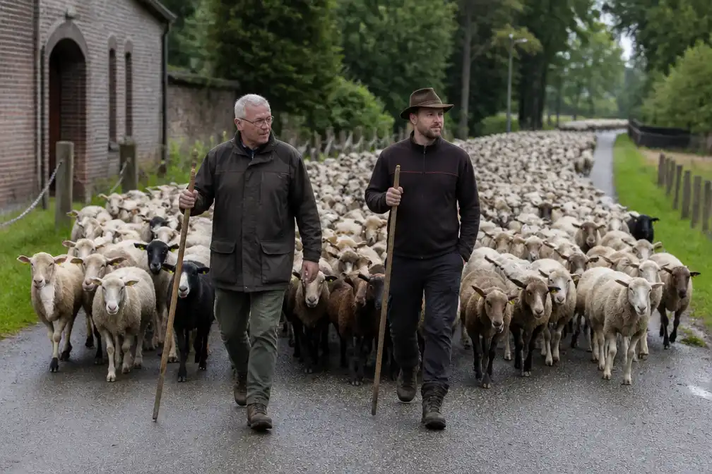 Herder Johan en zoon Toon vertrekken met 350 schapen uit Achel voor 170 kilometer naar Brussel