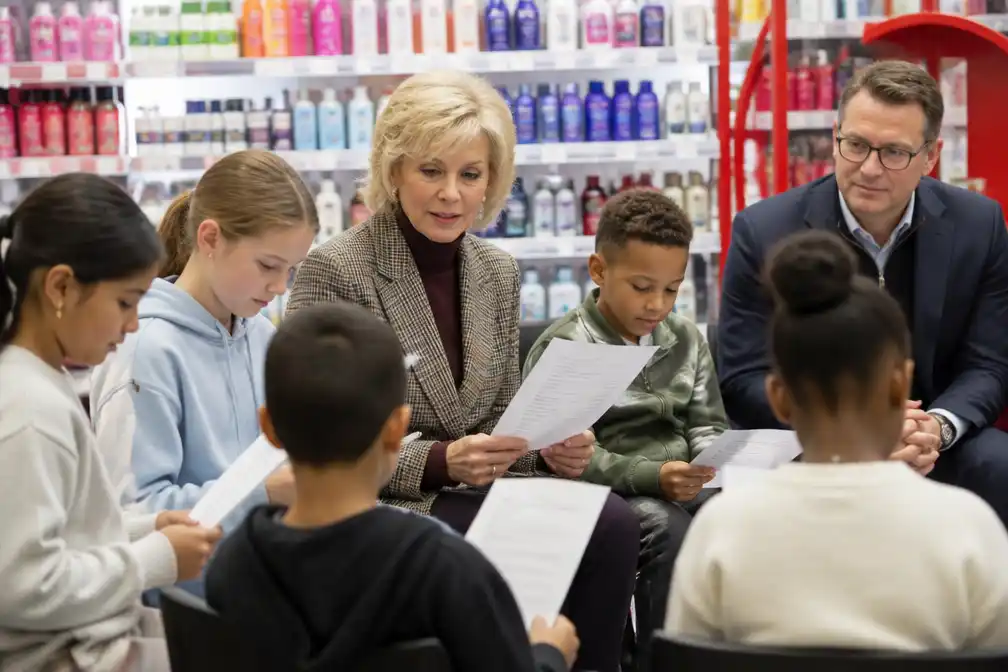 Prinses Laurentien leest met basisschoolleerlingen bij Kruidvat in Den Haag
