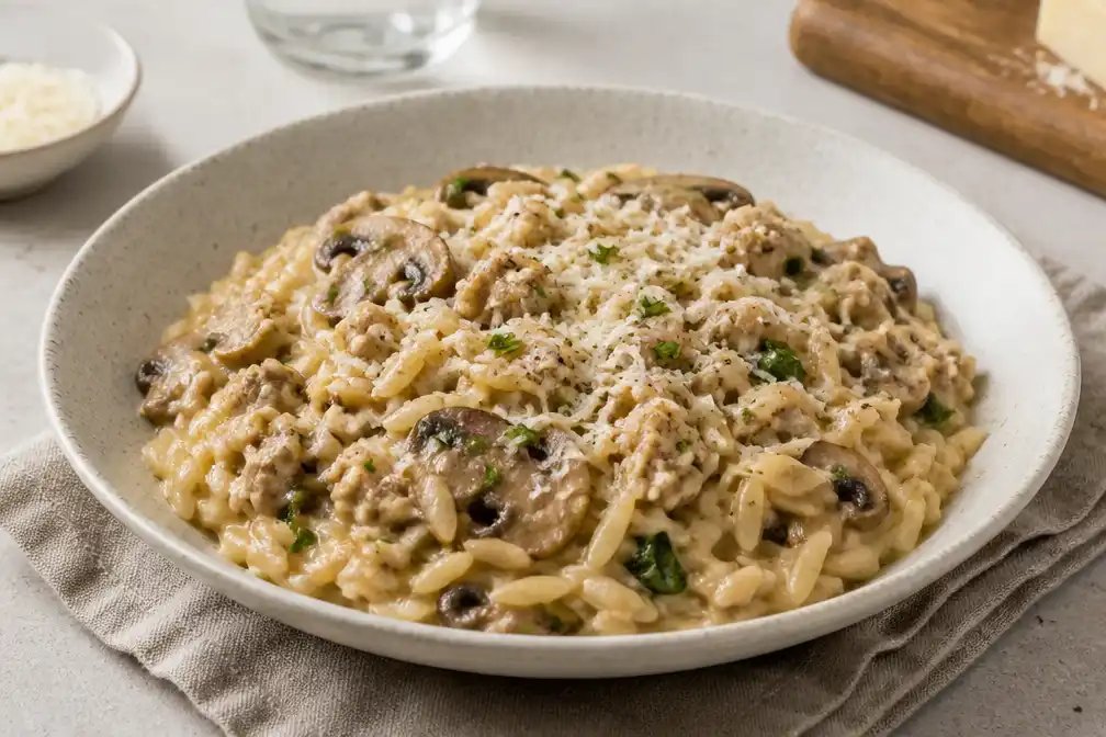 Wat Eten We Vandaag: romige orzo met kipgehakt en paddenstoelen