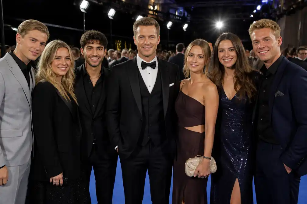 Jan Versteegh op blauwe loper Televizier-Ring Gala met kandidaten De Bondgenoten