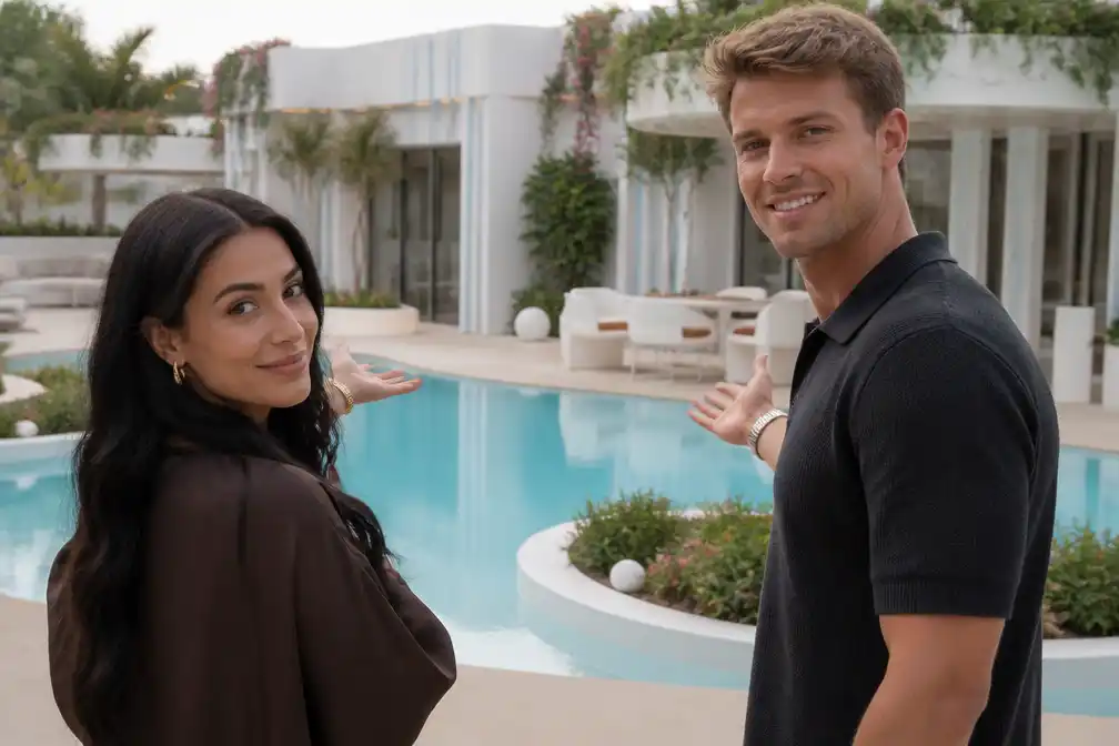 Anna Nooshin en Ward Lemmelijn geven rondleiding door Love Island-villa