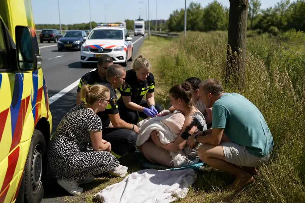 Vrouw bevalt langs de weg in Nederland tijdens extreme hitte