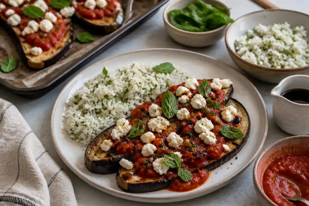 Gepubliceerd recept: aubergine uit de oven met feta, muntrijst en tomatensaus