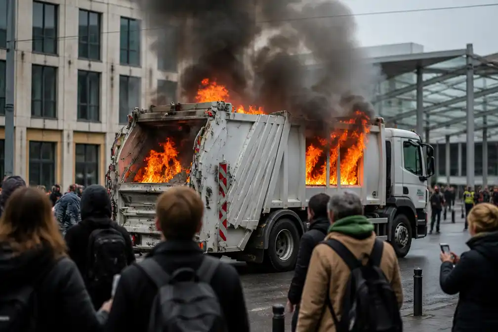 Recupel waarschuwt in Brussel met 'brandende' vuilniswagen voor brandgevaar