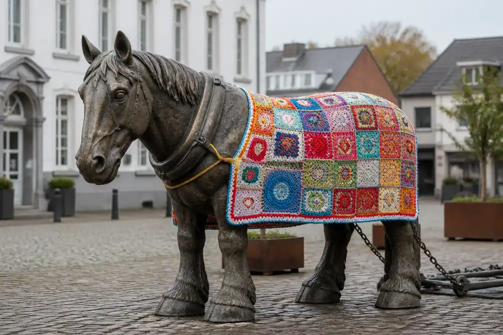 Bronzen trekpaard Prins in Lennik krijgt kleurrijk troostdeken