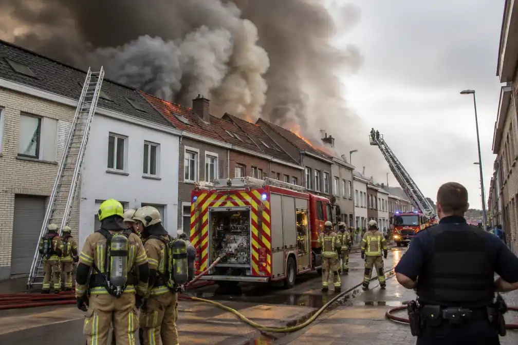 Zware woningbrand in Kontich: brandweer beschermt naburige woningen