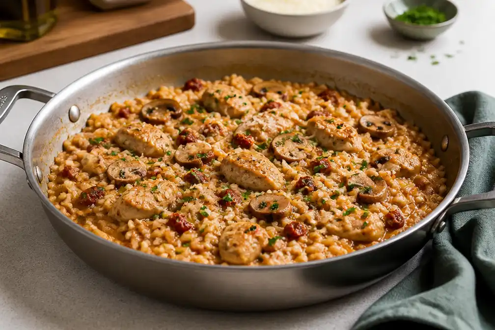 Eenpansrisotto met kip, champignons en 'nduja als comfortfood