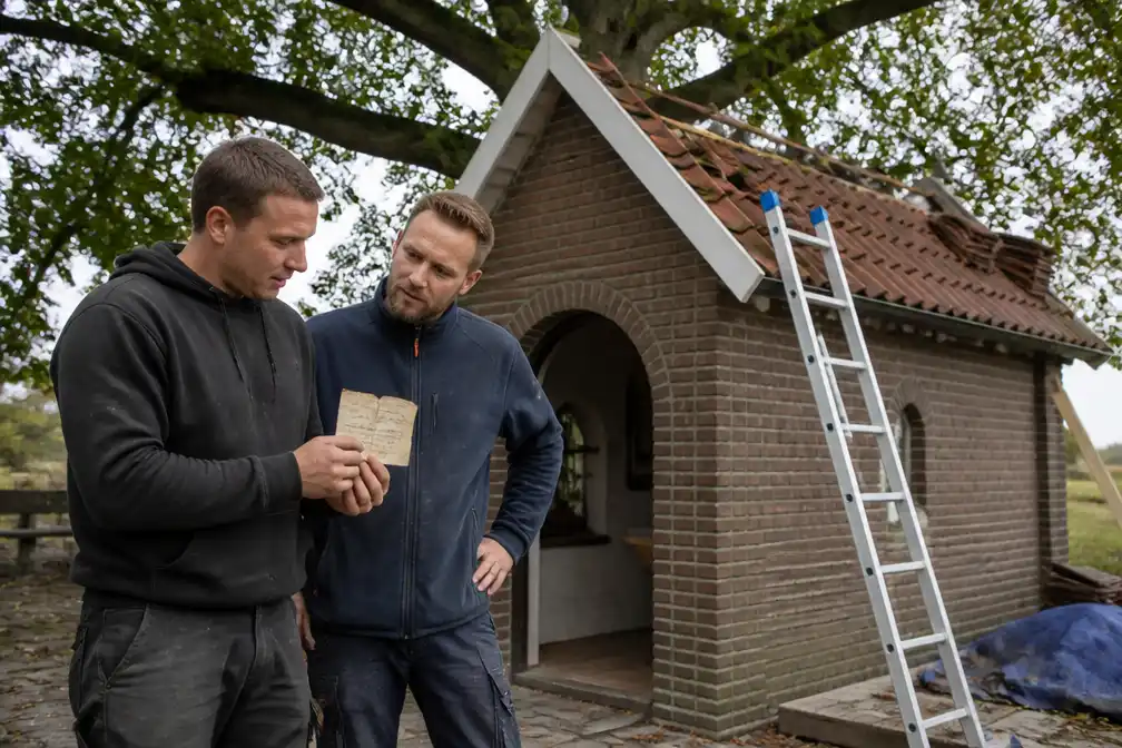 Briefje 'Bedankt, lieve Kroezeboom' gevonden onder dakpannen kapel Fleringen