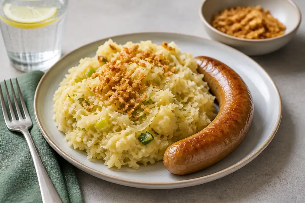 Zuurkoolstamppot met vegan kipbraadworst gepresenteerd als budgetvriendelijk recept