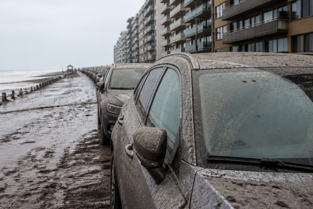 Storm Boelo bedekt geparkeerde wagens op zeedijk Middelkerke met modder
