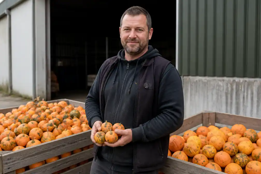 Teler Jurgen Souffriau wil ruim 3.000 kilo pompoenen redden die te klein zijn voor de supermarkt
