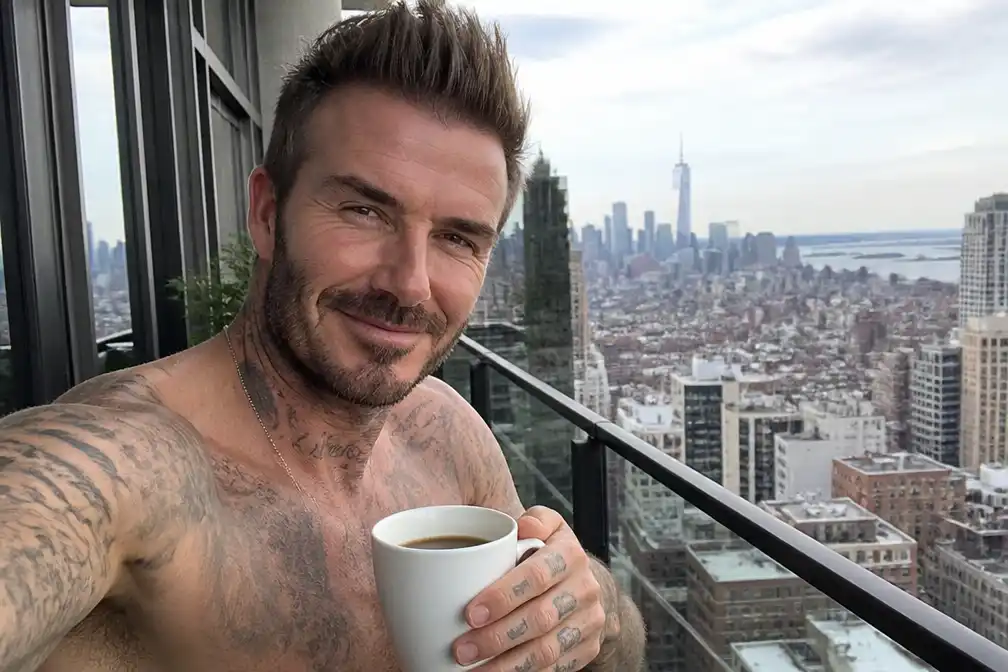 David Beckham gaat viraal met selfie zonder shirt op balkon in New York