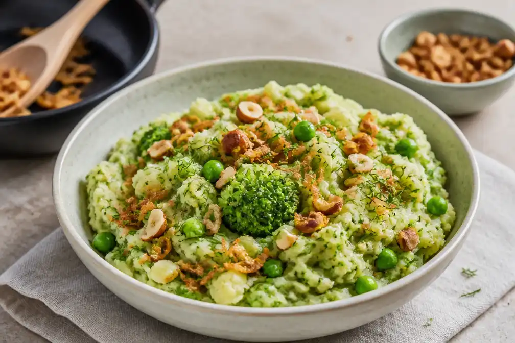Groene broccoli-tuinerwtenstamppot met dille en geroosterde noten