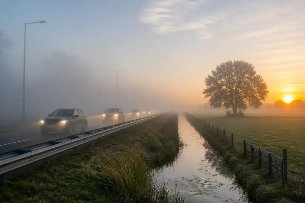 Dichte mist in de ochtendspits, later breekt de zon geregeld door