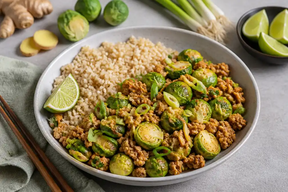 Recept voor gewokte spruitjes met krokant kipgehakt en zilvervliesrijst verschenen