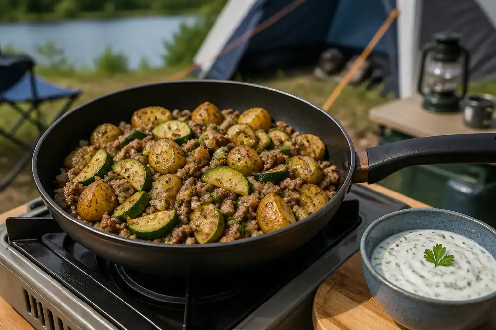 Kampeerrecept: gebakken aardappeltjes met courgette en gehakt