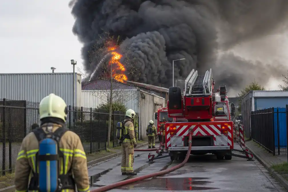 Uitslaande magazijnbrand in Melsele: omliggende bedrijven ontruimd door ontploffingsgevaar
