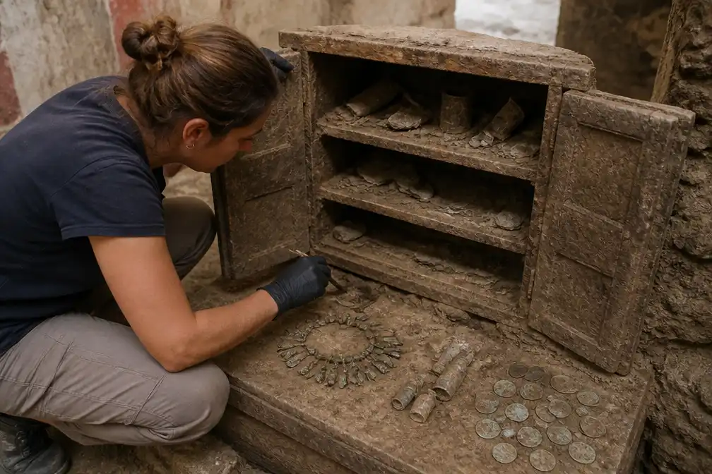 Archeologen openen in Pompeï kast van bijna 2.000 jaar oud met ketting, parfumflesje en munten