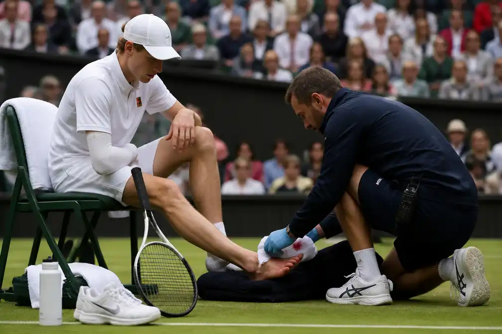 Sinner overwint val en bloedende voet in vijfsetszege op Kecmanovic op Wimbledon