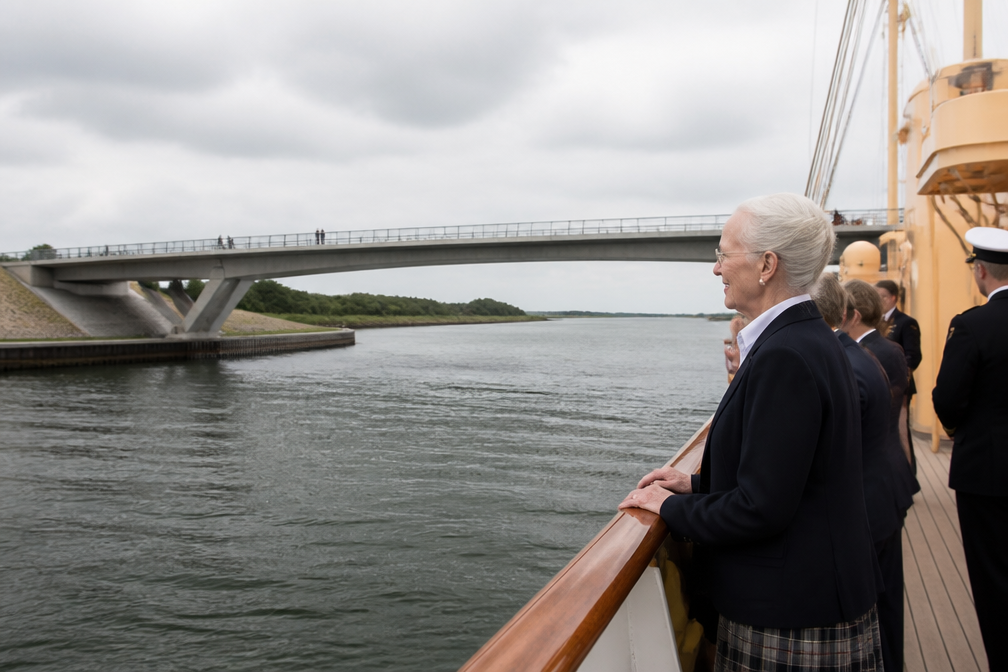 Koningin Margrethe bezoekt naar haar vernoemde brug per koninklijk schip